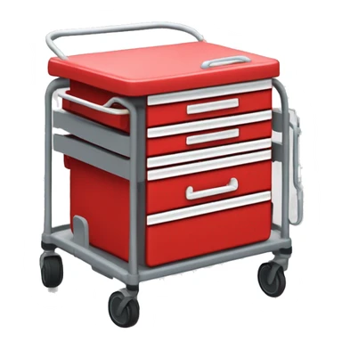 Singular Red medical crash cart is a mobile, multi-drawer unit designed to store and organize emergency medical supplies and equipment and a cardiac defibrillator on top sticker