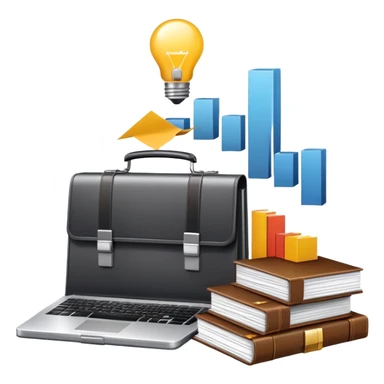 An icon showing a briefcase, a stack of documents, and a rising bar chart, representing business and entrepreneurship. The design features a laptop and a lightbulb, symbolizing innovation and strategy. Transparent background highlights the dynamic world of business growth and leadership. sticker