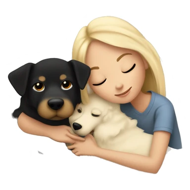 blond girl cuddling in bed with black and tan colored dog and cozy blankets sticker
