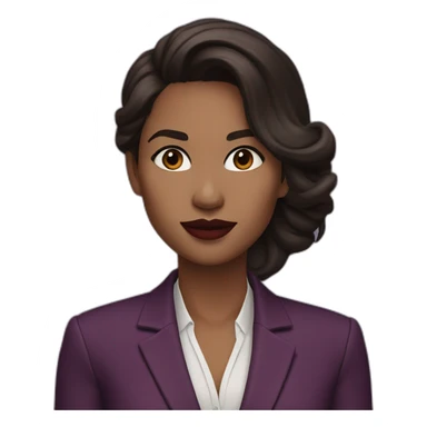 woman, dark brown hair, wearing marsala lipstick and using a purple blazer sticker