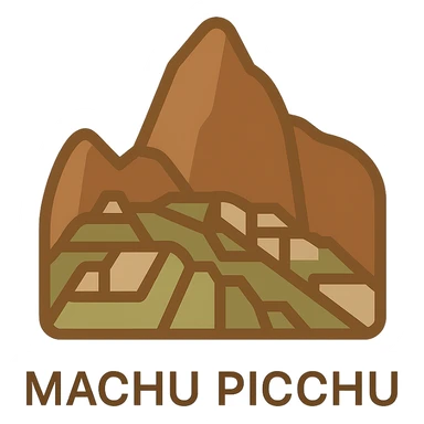 Machu Picchu logo, stylized mountain silhouette, earthy tones, clean design sticker