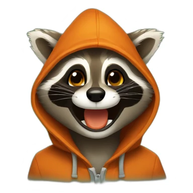brown raccoon with orange eyes and a dark green hood that is laughing sticker