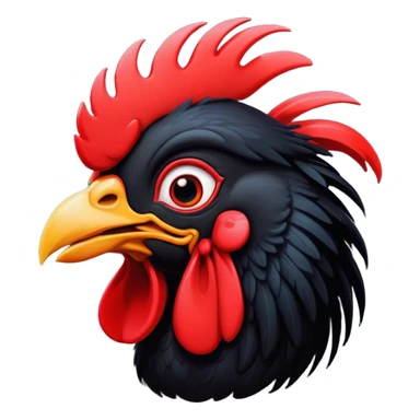 Cinematic Comical Black Rooster Portrait Emoji, Head tilted dramatically with an exaggeratedly shocked or amused expression, featuring a striking pure black plumage with a bold red comb, wide, expressive eyes filled with playful disbelief, Simplified yet hilariously expressive features, highly detailed, glowing with a slightly sassy glow, high shine, dramatic yet playful, stylized with an air of cheeky mischief, bright and endearing, soft glowing outline, capturing the essence of a spirited and over-the-top rooster, so meme-worthy it feels like it could crow its way into internet fame instantly! sticker