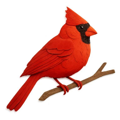 very detailed cardinal perched on a tree branch, intricate cut paper textures, vibrant red feathers sticker