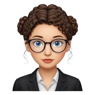 a woman, 30 years old, light skin with dark brown curly hair in a bun with some face framinig pieces. eyeglasses. Black suite on. blue eyes. sticker