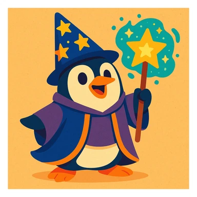 a whimsical penguin wizard with a starry hat and magic staff sticker