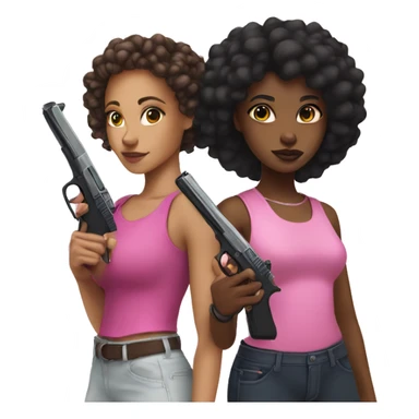 lightskin girl and black girl holding a pink guns sticker