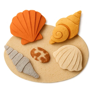collection of different sea shells, arranged on a sandy background sticker
