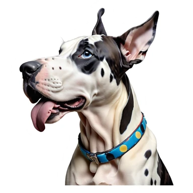 Cinematic Cute Yawning Harlequin Great Dane Portrait Emoji, Head tilted slightly with a dramatic, wide-open yawn, showcasing a smooth coat of predominantly white with bold black patches, floppy ears slightly drooping, round blue eyes barely open in drowsy contentment, Simplified yet irresistibly adorable features, highly detailed, glowing with a soft, cozy glow, high shine, relaxed yet expressive, stylized with a touch of whimsy, bright and endearing, soft glowing outline, capturing the essence of a sleepy yet affectionate guardian, so drowsy it feels like it could stretch out of the screen and curl up for a nap! sticker