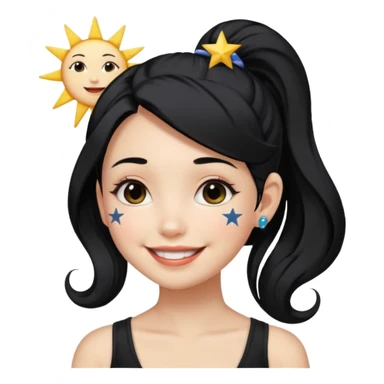 An Emoji of girl with black ponytail hair, who can be described by three words: sun, moo, star sticker