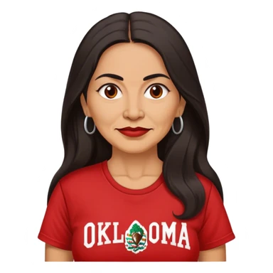 50 year old Mexican woman long hair in a red “OKLAHOMA” t-shirt sticker
