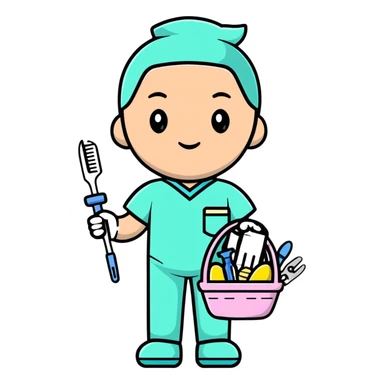 plastic surgeon in pastel scrubs with Easter basket and surgical tools sticker