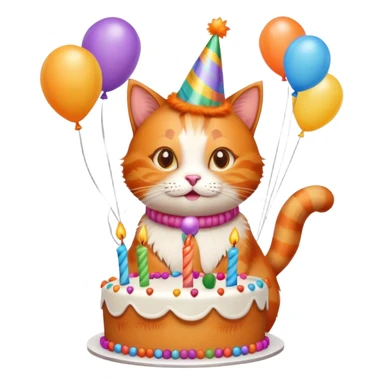 Ginger cat celebrates birthday, birthday hat, birthday cake, balloons, happy, gifts sticker