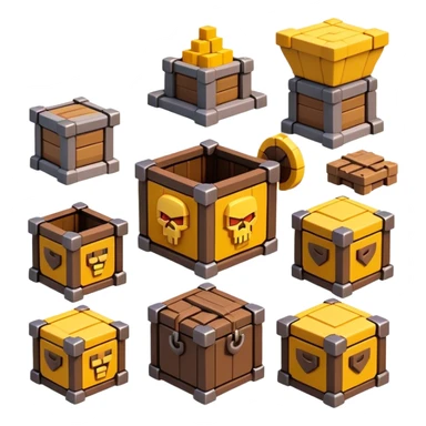 Clash of Clans aesthetic: Cinematic Playful Pixel 3D loot crate Emoji, rendered in a 3D vector-style similar to standard emojis with minimal shading and bold, simplified shapes. A compact, distinct form with signature details, softly glowing with a pixelated adventure charm. Simplified yet unmistakably iconic, highly detailed and consistent, glowing with a soft radiance and high shine. Stylized with a touch of classic pixel-art charm and a soft glowing outline, capturing the essence of a beloved gaming relic with a friendly, playful manner! sticker