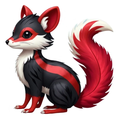 Feral Rare Fantasy shiny soft fuzzy furry vibrant tropical obsidian-black and crimson-red Vernid-Trico-species-creature by LiLaiRa, random markings, tufted tail, tufted ears, full body with markings with white skunk-tail-stripes sticker