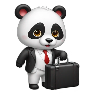 A professor with white suit and red tie and a panda face eating a hotdog and holding a black suitcase sticker
