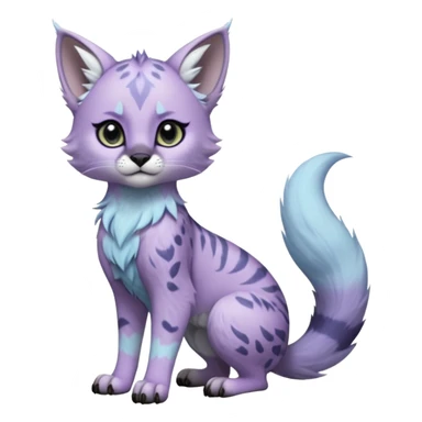 Cute kawaii cool edgy badass  pale frost-lavender fur with shimmering icy highlights fantasy-caracal-civet-genet-sergal-vernid-Gryphon-Cacomistle-Trico-oncilla-animal-Fakémon-hybrid-fursona (full body), facial markings, (realism style) sticker