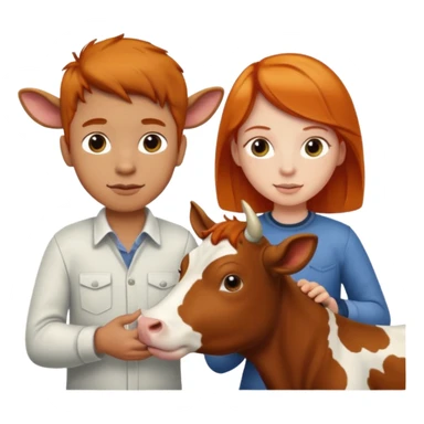 A boy and a ginger girl petting a cow sticker