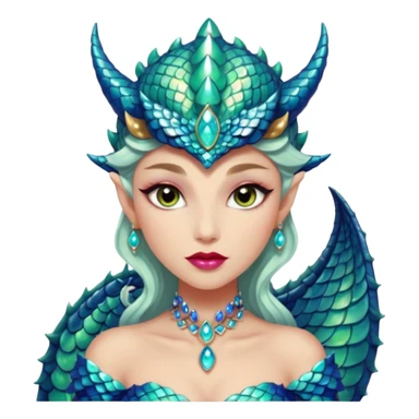 Am amazing blend of a half dragon woman with glittering jeweled scales covering her body. She has large almond shaped eyes, lush lips, and she wears a stunning luminescent gown. sticker