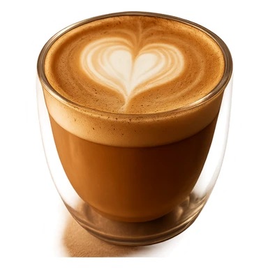 cappuccino with heart-shaped foam art, modern glass cup, cozy vibe sticker