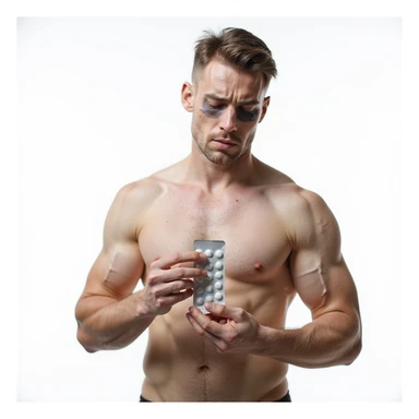 athlete showing symptoms of hormonal suppression: pale skin, dark circles under eyes, holding blister pack, testicular area highlighted in gray, isolated on white background sticker