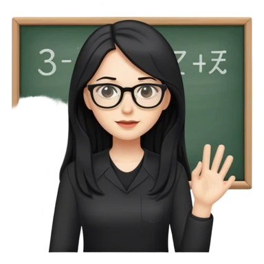 pale female teacher with long black hair, wearing glasses and black shirt teaching sticker