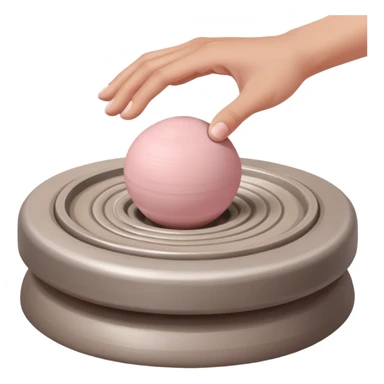 hand hovering over a centered pink ball of clay on a silver pottery wheel, not touching it yet, sensing position before contact sticker