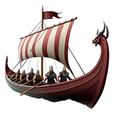 detailed-cinematic-viking-longboat, rendered in a flat, bold vector style with minimal shading, featuring a striking dragon-headed prow slicing through waters. shields on the side and vikings rowing The longboat’s, the boat has carved motifs evoke a sense of epic adventure and Nordic might, with billowing sails catching a dramatic, stormy sky backdrop. sticker