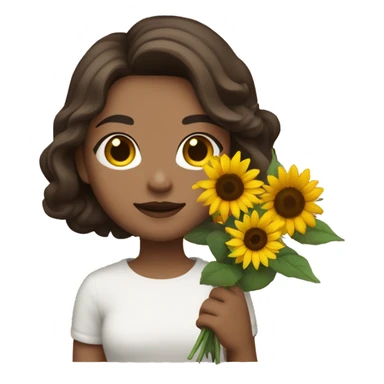 a white girl with shoulder length dark brown hair, small rosy lips holding a bouquet of sunflower sticker
