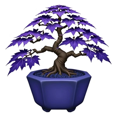  small short cascading black indigo bonsai pot plant purple filigree-leaves maple tree with triangular angular multi-hexagon faceted asymmetrical originally shaped pot sticker
