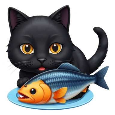 black cat eating a fish sticker