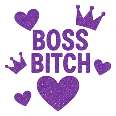 Purple Hearts and crowns with glitter and the words boss bitch heart, remove background sticker