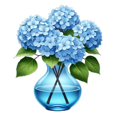 Hyperrealistic, 3D rendering, still life, smooth, clean thin lines, 8k, very Lush Hydrangeas with vivid leaves in pale blue crystal translucent glass vase, on dark wood stained table sticker