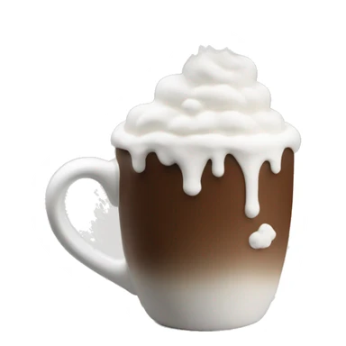 “A white ceramic mug filled with hot chocolate, topped with whipped cream and small clouds of steam rising.  sticker