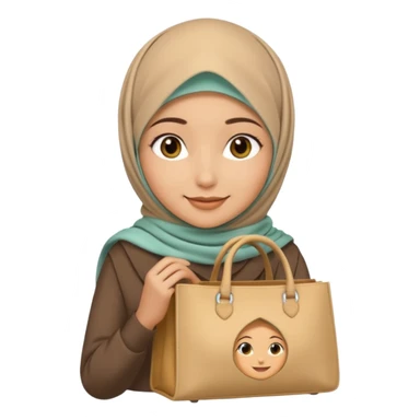 beautiful smiling hijabi girl as iOS 18 emoji, stunning hijab, carrying tote bag with text 'keep chasing your dream' in soft gold color sticker