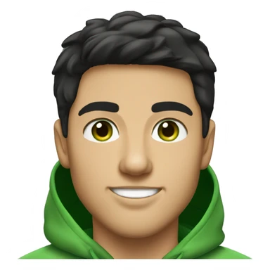 A young man with black hair and green eyes. Wearing a green hoodie. Smiling. Hairstyle like Tom Cruise sticker