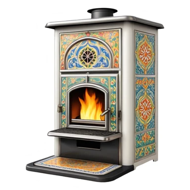 Ornamental European coal stove from the 1900s with ceramic tile decorations, tall design with metal door and coal burning inside sticker