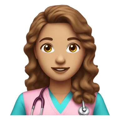 Pretty nurse with long brown wavy hair with pink scrubs sticker