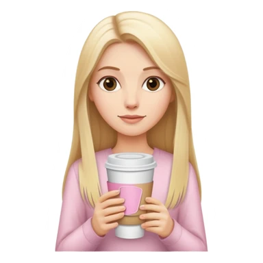 A white girl with long blonde straight hair and a pale pink paper cup of coffee and sticker