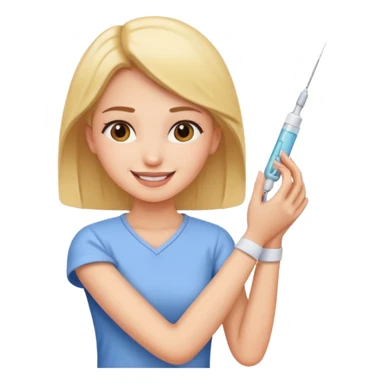 young woman receiving an injection in her arm, happy sticker