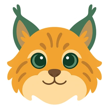 A cute and soft lynx face with big, expressive eyes, designed in a warm and magical color palette: golden orange (FA9B41), forest green (4A7C5C), muted taupe brown (96775A), and pastel peach (FFCC9A). The lynx’s fur is fluffy and soft, with a mix of warm browns and golden highlights. Its ears are tipped with tufts of fur in greenish tones, and its cheeks are gently rounded with subtle peach accents. The eyes are bright and curious, surrounded by soft fur in the warm color palette. The overall look is adorable, serene, and enchanting, evoking a gentle, woodland atmosphere. sticker