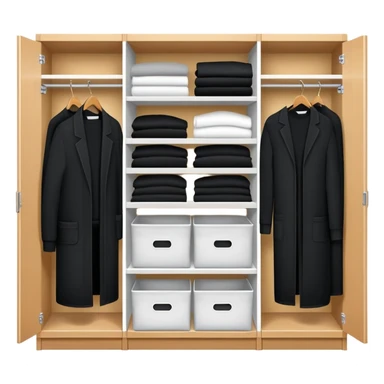 Closet organizer with visible compartments filled with black long sleeve shirts, sweaters and work clothes sticker