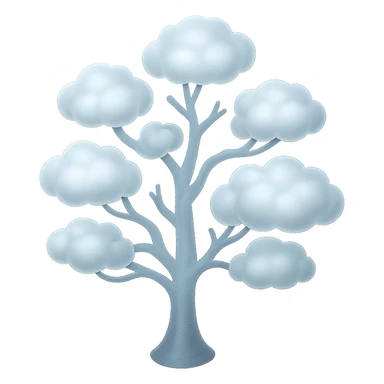 one tree with many branches, each branch covered with small, very bright white, saturated color, fluffy convex clouds, matte glass style sticker
