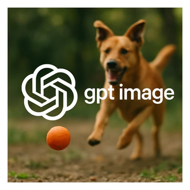  logo of chat gpt with text "gpt image" on the background of a dog chasing ball, realistic image sticker