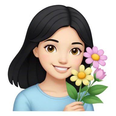 Light skinned girl, black hair happy to hold pastel flowers sticker