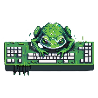 Very sad Pepe the frog meme character coding on computer, tears in eyes, depressed green frog hunched over keyboard, feeling overwhelmed with code sticker