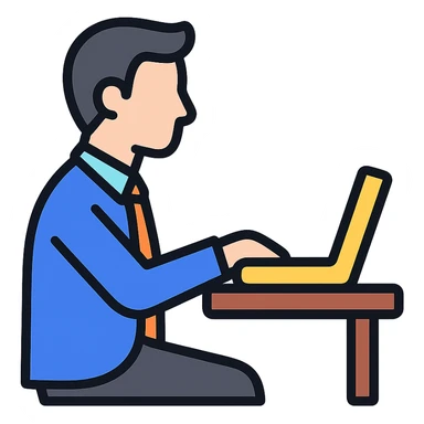 hombre con vestimenta semi-formal, de perfil, frente a una computadora en una mesa sencilla sticker