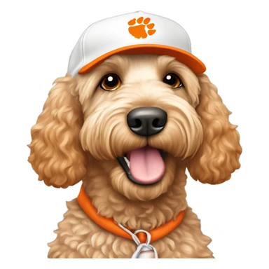 labradoodle dog wearing a white and orange Clemson baseball cap￼ sticker