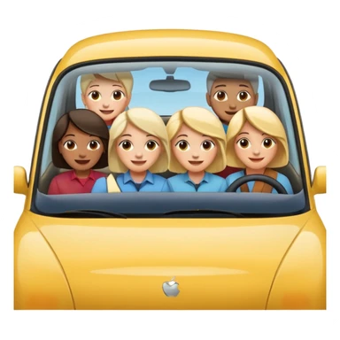 small car with very large windows and front windshield, five people (mixed genders) smiling and leaning out, some from side windows, some from front windshield, five clear faces, apple emoji style sticker