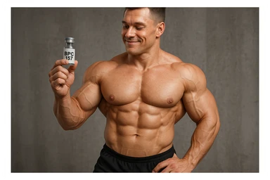 BODYBUILDER A FIGURA INTERA CHE TIENE IN MANO UNA FIALA MEDICA CON la scritta "BPC 157" SULL'ETICHETTA E LA GUARDA SODDISFATTO, iperrealistico 4k sticker